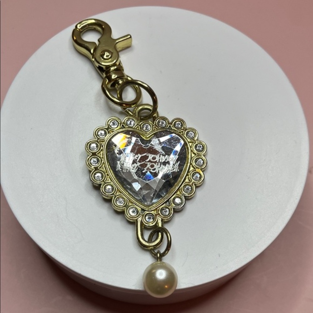 Betsey Johnson Gold Heart Bag Purse Charm with Crystal and Pearl